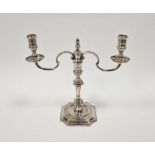 Elizabeth II silver candelabrum of revived Georgian-style, having two scroll branches and on knopped