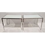 Two modern chromed metal tables with white glass tops, height 62cm, length 86cm, Width 58cm (2)