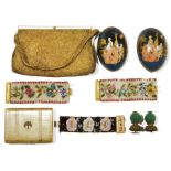 Three Victorian beadwork bracelets on cloth, floral decorated, a gilt beaded evening bag and other