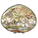 Persian enamel painted mother-of-pearl shell depicting a hunting scene in mountainous landscape,
