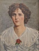 Unattributed (Early 20th Century School) Oil on canvas Edwardian portrait of lady wearing a red