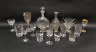 19th century engraved glass claret jug and a stopper and assorted 19th/20th century etched wine-