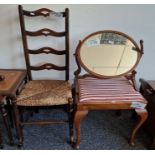 Mahogany oval dressing table swing mirror, 43cm high, together with a single mahogany dining chair