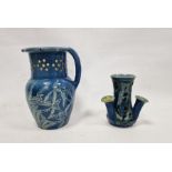 C H Brannam Art Pottery Barum blue-ground triple spill vase and a Lauder Barum pottery blue-glazed