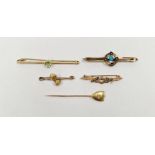 Gold and diamond regimental small bar brooch, 18ct gold and diamond shield-shape stickpin, 9ct