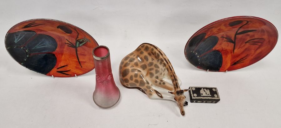 Two Poole Pottery Himalayan Poppy pattern dishes, a Russian porcelain model of a giraffe, a silver-