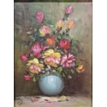 20th century  Oil on canvas  Still life depicting a bouquet of roses in a blue vase, indistinctly