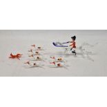 Miniature lampwork glass model of a hunt, 1960s, in opaque, orange, blue and brown glass,