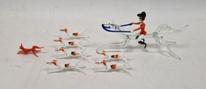 Miniature lampwork glass model of a hunt, 1960s, in opaque, orange, blue and brown glass,