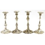 Pair EPNS table candlesticks of Georgian-style, leaf embossed and baluster stem, 26cm high and
