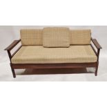 Mid century Guy Rogers 'Gambit' afromosia wood sofa bed with yellow and grey chequered upholstery,