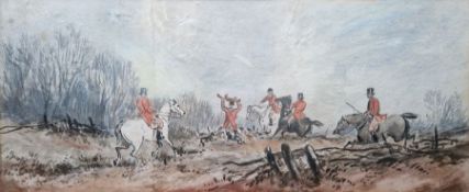 Unattributed (late 19th/early 20th century)  Watercolour and pen on paper  Fox hunt in landscape,