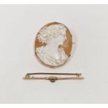 9ct gold cameo brooch, oval, carved with head of classical maiden and 9ct gold and pink stone bar