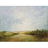 Ken Hildrew (British b.1934) Oil on paper "Distant View of South Molton", signed lower right, framed