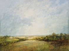 Ken Hildrew (British b.1934) Oil on paper "Distant View of South Molton", signed lower right, framed