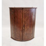 Late 19th century oak corner cupboard, 2 door, bow fronted, integral shelves replaced by laminated