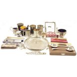 Assortment of silver plate and other metalware, to include tankards, flatware, a tea strainer on