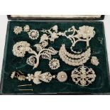 Victorian seed pearl brooch with trembling flower, various seed pearl set brooches, earrings and