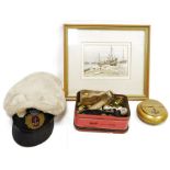 Quantity of naval brass buttons, uniform accessories, a naval brass tobacco pouch with hinged lid,