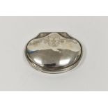 19th century white metal snuffbox of clam shell form, with gilt interior, indistinctly marked to