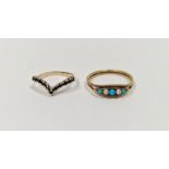 18ct gold, pearl and turquoise ring set three turquoise and two pearls in elliptical setting with