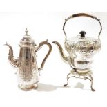 Victorian silver plated spirit kettle on stand, with wooden handles, embossed and engraved