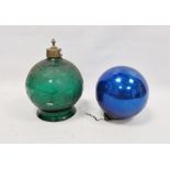 Late 19th century engraved green glass globular lamp shade and a 19th century iridescent blue