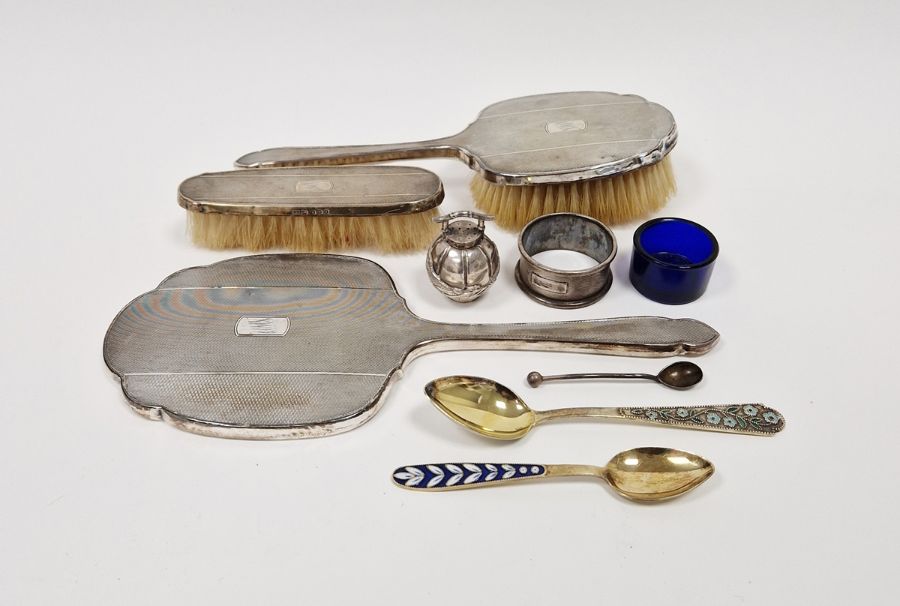 Silver-mounted dressing table set, engraved with conjoined initials and engine-turned viz:- mirror