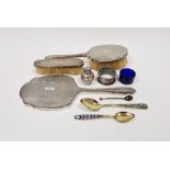 Silver-mounted dressing table set, engraved with conjoined initials and engine-turned viz:- mirror