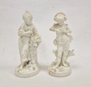 Pair of Derby white bisque figures of a youth and companion, late 18th/early 19th century, each with