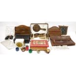 Two wooden letter racks, small leather document case, napkin rings, cased dressing table set and