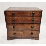 19th century stained wood chest of four long graduated drawers with bun handles, on bracket feet,