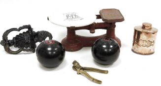 Pair of Challenger turned ebony bowls, pair of old cast iron balance scales with transfer-printed