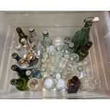 Collection of coloured and clear glass bottles, 19th/20th century and assorted silver-plates