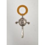 Silver and mother-of-pearl mounted Little Jack Horner baby's rattle, hallmarked Birmingham 1920,