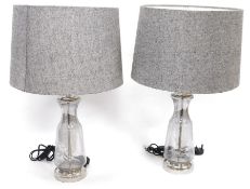 Pair mottled Lastrea glass and white metal table lamps and the grey canvas fabric shades and a