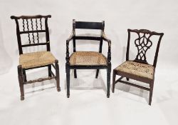 Late 19th/early 20th century black painted armchair, with wicker seat raised on turned legs, 88cm