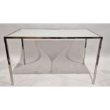 Modern chromed metal table with white glass top, height 72cm, length 127cm, width 73.5cm