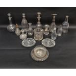 19th century silver-mounted decanter, assorted decanters and cruet bottles, a silver-gilt mounted