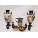 Pair of Doulton Lambeth stoneware oviform vases, a large jug, a pair of miniature vases, two