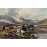 Andrew Lennox (19th / 20th century) Oil on Canvas Scottish landscape with highland cattle by a