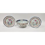 Late 18th century Chinese Export Famille Rose punchbowl and two octagonal plates, each painted