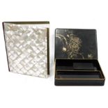 Victorian/Edwardian mother-of-pearl desk blotter, folding and black papiermache backed, having