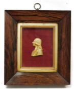 Gilt finish metal profile bust of John Wesley, in glazed rosewood frame, 22cm x 19cm including frame