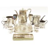 Assortment of silver plated wares to include a 19th century teapot, a card tray, sugar caster,