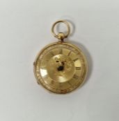 Gent's 18K gold fob watch, the gold-coloured dial engine-turned and with Roman numerals, hands