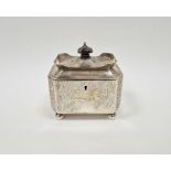 Victorian aesthetic movement silver tea caddy, of octagonal form, with engraved scenes throughout