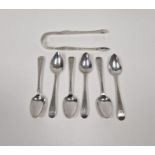 Set of six George III silver teaspoons with bright cut decoration, London 1805, and pair of George
