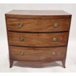 19th century mahogany bowfront chest of three long graduated drawers with stringing, brass oval drop