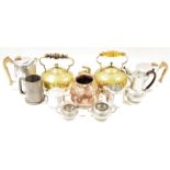 Brass kettle, a Picquot four-piece pewter tea service, brass trivets, sundry metalware, small